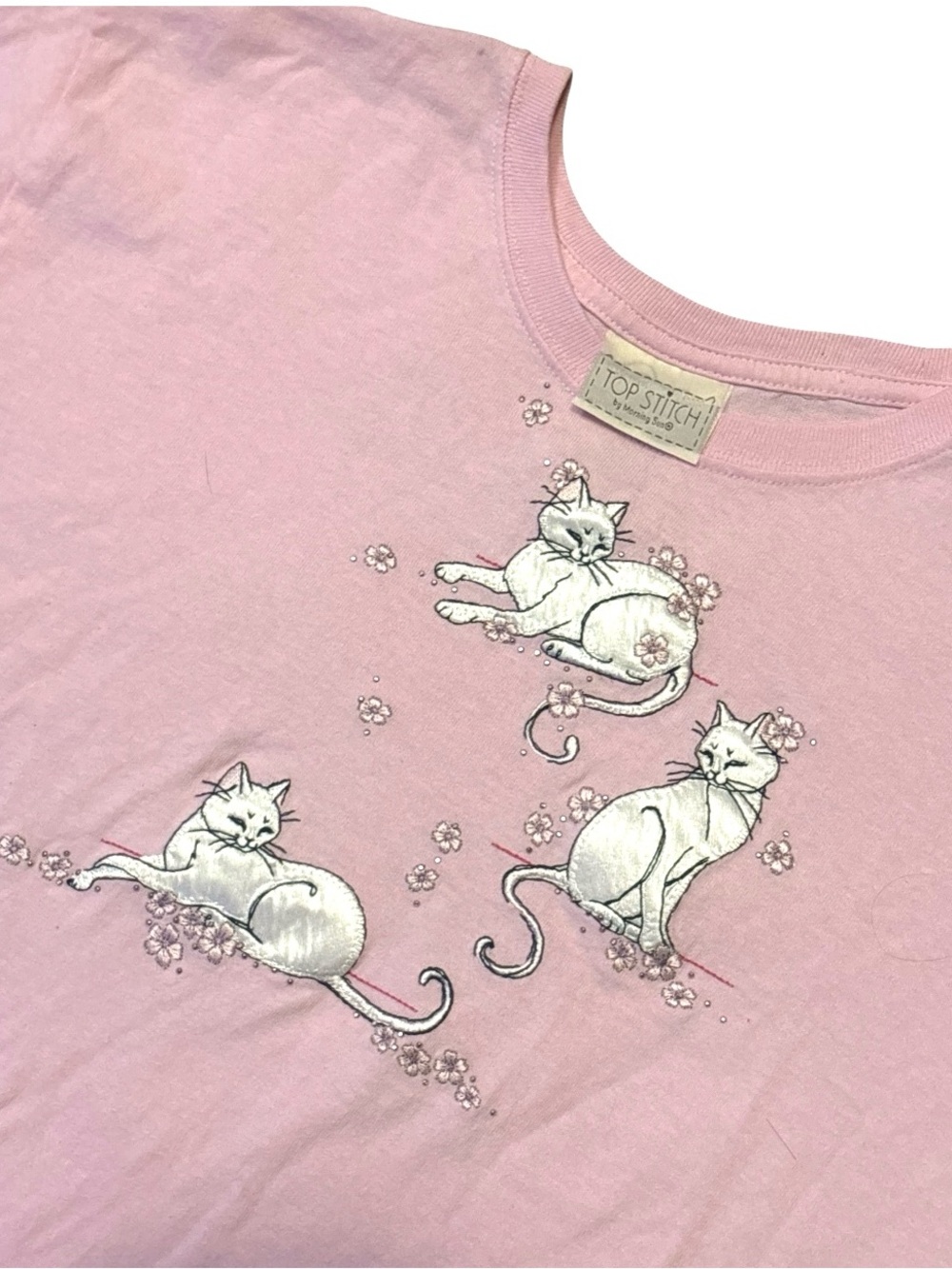 100% Cotton Pink Tee with Embroidered White Cats
